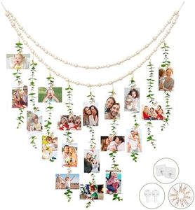 ERUOAEY Hanging Photo Display with Clips, Boho Style Photo Card Holder for Wall, Wooden Beads Garland Artificial Eucalyptus Home Decor for Cubicle Bedroom Office Dorm School Graduation Teenage Gifts