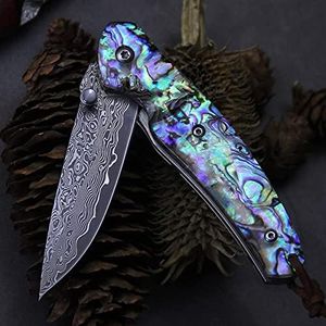 Omesio Damascus Pocket Knife UMF Damascus Folding Knife Blue Abalone Handle Japanese Damascus Blade Pocket Knives Real Damascus Steel Folding Knife with Gift Box for Men and Women