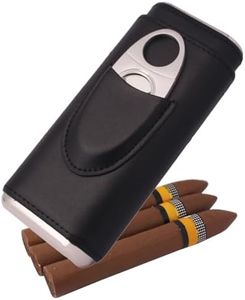 AMANCY Elegant Leather Cedar Wood Lined 3 Cigar Case with Silver Stainless Steel Cutter Set