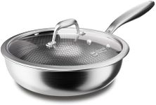 COOKER KING 12-Inch Wok with Lid, Hybird Nonstick Wok Professional Grade, Stainless Steel Woks & Stir-Fry Pans, Stay-Cool Handle, Dishwasher & Oven-Safe,Compatible with All Cooktops