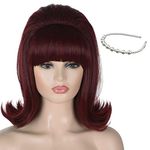 ATAYOU Short Burgundy Vintage Wig with Pearl Headband,60s and 70s Burgundy Red Bouffant Beehive Wigs for Women 60s Retro Halloween Cosplay Costume Crimson wig with Bang (Burgundy 720)