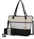 Mia K Collection Tote Satchel Handbag for Women, Wristlet Wallet Set – PU Leather Bag – Top Handle Shoulder Purse Ivory-Silver