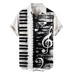 Cinch Button Down Shirts for Men Cotton Linen Hawaiian Shirts for Men Summer Short Sleeve Music Note Piano Keys 3D Printed Tunic Shirts Button Down Relaxed Fit Aloha Dress Shirts(a-Black,XL)