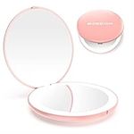 Compact Mirror with Light, Wobsion 1x/10x Magnification Travel Makeup Mirror, Handheld 2-Sided Mirror, Compact Mirror for Purses, 3.5 inch Small Pocket Mirror for Handbag,Purse,Pocket,Round,Pink