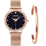 ManChDa Womens Wrist Watch Crystal Mesh Stainless Steel Belt Ladies Quartz Diamond Classic Fashion Romatic + Jewelry Cuff Bracelet Set (2.Rosegold Watch + Rosegold Bracelet)