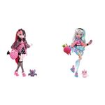 Monster High Doll, Draculaura with Accessories and Pet Bat, Posable Fashion Doll with Pink and Black Hair, HHK51 & Doll, Lagoona Blue with Accessories and Pet Piranha, Posable Fashion Doll, HHK55