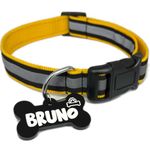PAWPRO HANDMADE Reflective Dog Collar with Customizable Bone-Shaped Tag – Adjustable for Safety and Comfort, Fits 35-50 cm Neck – Black (Yellow, Large)