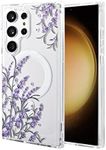 Tcaraersing Crystal Clear Flower Magnetic Case for Samsung Galaxy S23 Ultra MagSafe PC Back Cover Soft TPU Edges Slim Thin Shockproof Silicone Floral Pattern Girls Woman Lavender