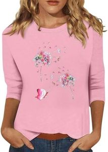 Plus Size 3/4 Sleeve Tops for Women 2025 Cute Sunflower Dandelion Prints 3/4 Length Sleeves Tops for Women Crewneck Plus Size Summer Elbow Length Sleeve Blouse Three-Quarter-Sleeve Top