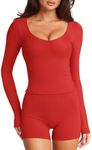 LASLULU Women's Deep V Neck Long Sleeve Cropped Tops Padded Bra Tops Tight Casual Tees Athletic Yoga Running Tops Christmas Shirts(Red XX-Large)