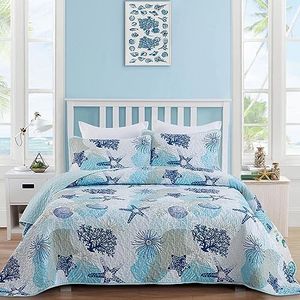 Dinjoy Coastal Quilt Set Twin Size, Blue Ocean Beach Themed Bedding Set Coral Seashell Conch Starfish Pattern Microfiber Lightweight Summer Bedspread Coverlet Bed Set All Season(68x86 Inch)