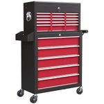 HOMCOM Rolling Tool Cabinet on Wheels with 14 Drawers, Pegboard and Side Rack, Lockable Top Tool Chest and Roller Cabinet Combo for Workshop and Home, Red