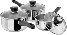 Judge Vista Stainless Steel Set of Pans, 3-Piece Set, 16cm, 18cm & 20cm Saucepans, Classic Curved Shape, Vented Glass Lids, Induction Ready, Oven Safe
