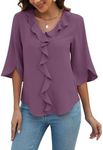 Blooming Jelly Womens Dressy Casual Blouses 3/4 Sleeve V Neck Ruffle Tops Business Ladies Summer 2024 Trendy Work Shirt (Small, Purple)