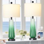 Green Glass Table Lamp Set of 2, Modern Table Lamps with USB A+C Ports & AC Outlet, Touch Control Bedside Nightstand Lamp with Crystal Night Light & White Fabric Shade for Bedroom(Bulbs Included)