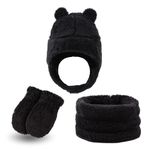 Winter Baby Hat and Mittens Set Fleece Toddler Beanie Scarf Infant Ears Earflap Hood Scarves Caps for Baby Boys Girls (Black, 9-36 Months)