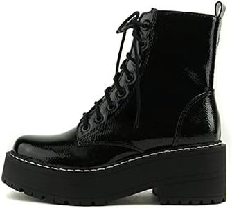 Soda FLING Women Chunky Lug Sole Lace up Fashion Combat Ankle Boot w/Side Zipper, Black Patent, 8.5