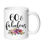 AliCarr 60th Birthday Gifts for Women - 60 and Fabulous Gifts for Women - White Novelty Coffee Mug Tea Cup, Funny Purple Floral Coffee Mugs Gift Ideas