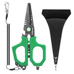 SAMSFX Fishing Braid Line Scissors Shears with Antirust Coating and Dual-Serrated Blade, Kraton Handle, Come with Hard Sheath and Coiled Lanyard (Green Handle, Hard Sheath)