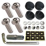 Anti Theft License Plate Screws- Rust Stainless Steel Plate Screw Resistant Security Tamper Resistant Machine License Plate Bolt License Plate Frame Fastener, Black Caps, Anti-Rattle Pad