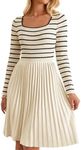 ZESICA Women's Long Sleeve Striped Dresses 2024 Square Neck Pleated Ribbed Knit Casual A Line Mini Dress,Almond,Large