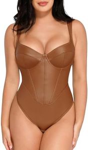 Popilush Brown Bodysuit Women Shapewear Tummy Control Thong Body Suits V Neck Leather Corset Sleeveless Sculpting Body Shaper