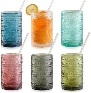 KMIGRUAN 15oz Colored Hobnail Drinking Glasses Set of 6,Vintage Kitchen Glassware,Embossed Beaded Glass Cups,Water Tumbler for Cocktail,Juice and Various Mixed Drinks