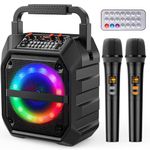PKBD Karaoke Machine with Two Wireless Microphones,Portable Bluetooth Speaker with LED Lights, PA System, Supports TF Card/USB for Adults & Kids, for Girls Boys Families Home Party (Dark Black)