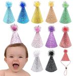 JpGdn 10 Pcs Pack Cone Party Hat with Adjustable Headband Glitter Reusable Happy Birthday Hats Children Birthday Supplies Decorations Pom-pom Party Hats for Kids Adults (Size M, 10 Colors)