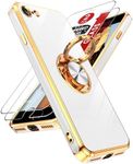 LeYi for iPhone SE Case iPhone 7 Case iPhone 8 Case: with Tempered Glass Screen Protector [2 Pack] 360° Rotatable Ring Holder Magnetic Kickstand, Plating Rose Gold Edge iPhone 7/8/SE Case, White