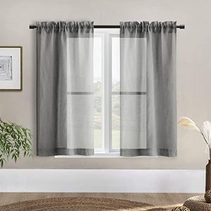 Dark Grey Rod Pocket Faux Linen Sheer Curtains 2 Panels，48 Inches Long