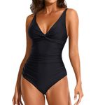 Smismivo Tummy Control Swimsuits One Piece Bathing Suit for Women Slimming Ruched Push Up Padded Vintage Retro Full Coverage V Neck Design for Swimming Pool Beach Party Tropical Vacations (Black)