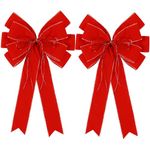 Hongsome 2 Pack Red Christmas Bows Outdoor Decorations,12''x20'' Large Velvet Wreath Bow with Glitter String Gold Edge for Xmas Tree Topper Home Front Door Decor