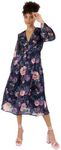 Anaya with Love Women's Midi Ladies Long Sleeves V-Neck Floral Print A-line for Wedding Guest Evening Occasion Party Dress, Navy, 16 AU