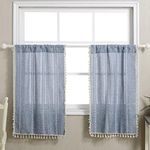 RoomTalks Boho Kitchen Curtains 36 Inch Length French Striped Farmhouse Vintage Chic Cottage Tassel Short Cafe Curtains for Small Window Kitchen Bathroom Bohemian Decor (36’’L x 24’’W, Blue)