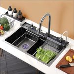 QIMAGE Kitchen Sink with 5-Piano Switch (30x18x10 Inch) with Waterfall and Pull-down Faucet And Accessories 304 Grade Steel Sink with LED Digital Display & RO Tap - Nano Coating (LED DISPLAY SINK)