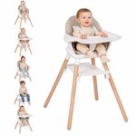 Komcot Baby High Chair, 6 in 1 Wooden Convertible High Chairs for Babies and Toddlers, Booster Seat with Double Tray & Reversible Footrest Baby Highchair, 5-Point Harness Baby Feeding Chair, Beige