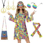 70s Disco Outfits for Women, Hippie Costume with Glasses Necklace Set, 60s 70s Hippie Clothes Fancy Dress for Halloween