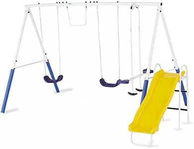 XDP Recreation Blue Ridge Backyard Playground Set Sturdy Metal A Frame Swing with Chain Covers, Glider, Trapeze, 2 Swings, and Slide, Multicolor