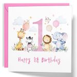 Happy 1st Birthday Card, Cute Safari Animals (Pink)