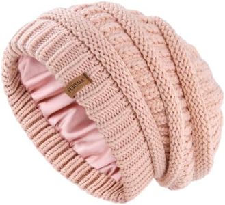 FURTALK Winter Beanie Hat for Women Satin Lined Cable Knit Chunky Slouchy Beanies Skull Warm Cap Blush Pink One Size