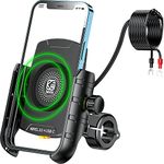 Motorcycle Phone Mount with Charger Wireless & USB C, IP66 Waterproof Motorbike Phone Holder Fit for 4''-7.9'' Cellphones, 360 Rotation Design, Adopts Aluminum Alloy Handlebar Mounting Base