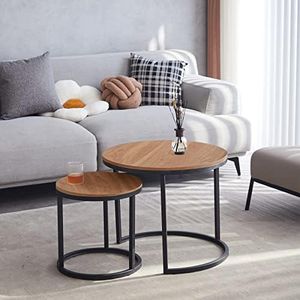 EGOONM Pack de 2 Mesas de Centro Conjunto De Mesa Auxiliar De Salón Redonda Madera Mesitas De Noche Mesas De Café Y Té-Oscuro, Grande: 60 * 60 * 45cm; pequeño: 40 * 40 * 35cm