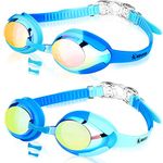 Keary 2 Pack Kids Swim Goggles Swimming Goggles for Toddler Children Girls Boys Youth, Anti-Fog Waterproof Anti-UV Clear Vision Mirror Flat Lens Water Pool Goggles with 3 Nose Piece, Blue Kids Goggles