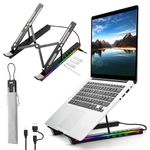 Laptop Stand for Desk, Aluminum Computer Stand with USB-A、USB-C and RGB Lights, Adjustable Foldable Portable Notebook Stand, Multi-Functional Laptop Riser with Additional Ports