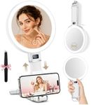 MIYADIVA Upgraded Gen 2 Travel Makeup Mirror with Lights, Height Adjustable 30X/1X Magnifying Mirror, Portable Foldable Mirror with Digital Display & Phone Holder, Handheld Tabletop Hanging
