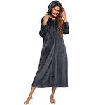 Minicoco Ladies Dressing Gown Fleece Zip Through Robe Fluffy Super Soft Hooded Bathrobe Ladies Thick Flannel Housecoat Warm Fluffy with Pockets