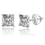 HIGHSPARK 925 Silver Solitaire Screwback Stud Earrings | 92.5 Sterling Silver & Square Princess Cut Brilliant Zirconia Tops for Men & Women - 7mm