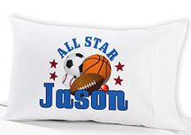 Personalized All Star Boys Sports Standard Pillowcase Fit Standard 19x26 Pillow Insert Baseball Basketball Football Soccer Ball Design (Standard)