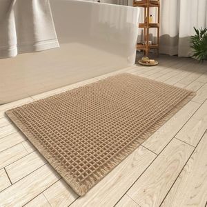 Upgraded Waffle Bath Mat 40x60 Super Absorbent Non Slip Comfortable Carpet for Tub, Shower Room, Machine Wash Dry with Tassels, Rubber Backed Bathroom Mats, Ultra Soft Brown